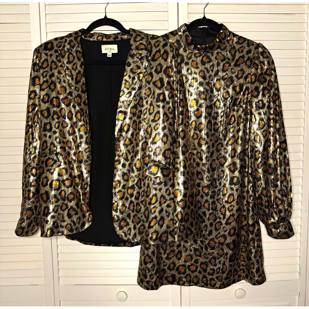 AURA Women's S Leopard Print Sequin Blazer Dress 2 Piece Set Party Glam Lined